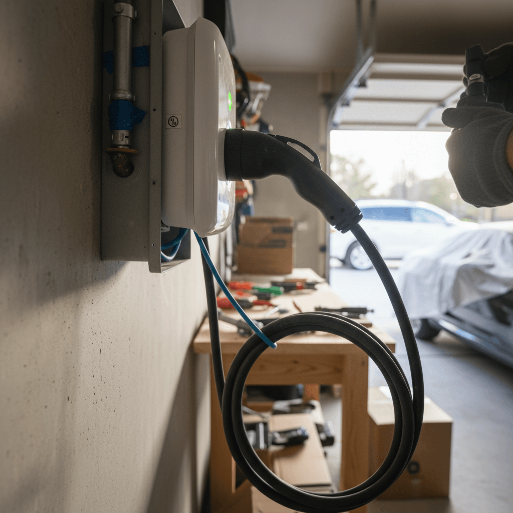 Licensed electrician installing a Level 2 home EV charger in a South Carolina garage, with conduit and panel visible
