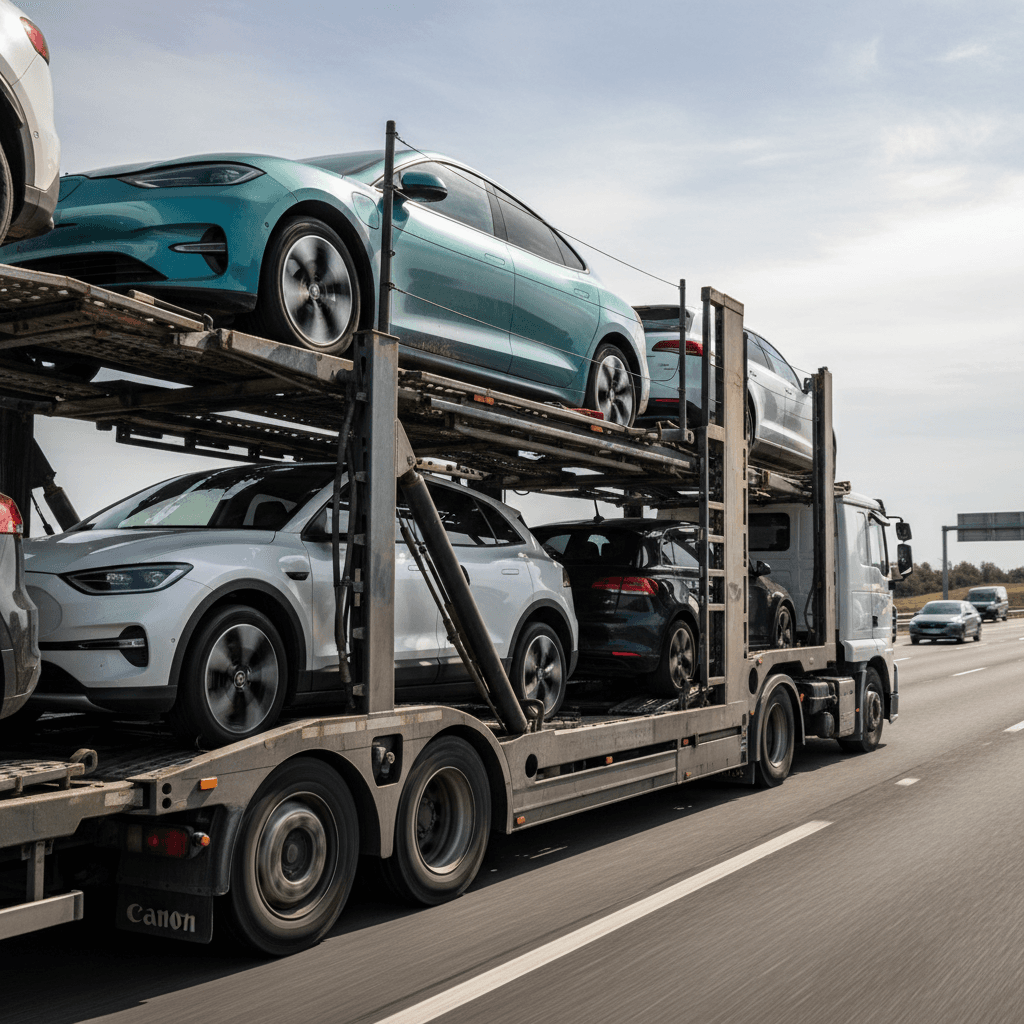 Open auto transport truck carrying several used electric vehicles on a highway, illustrating interstate EV shipping