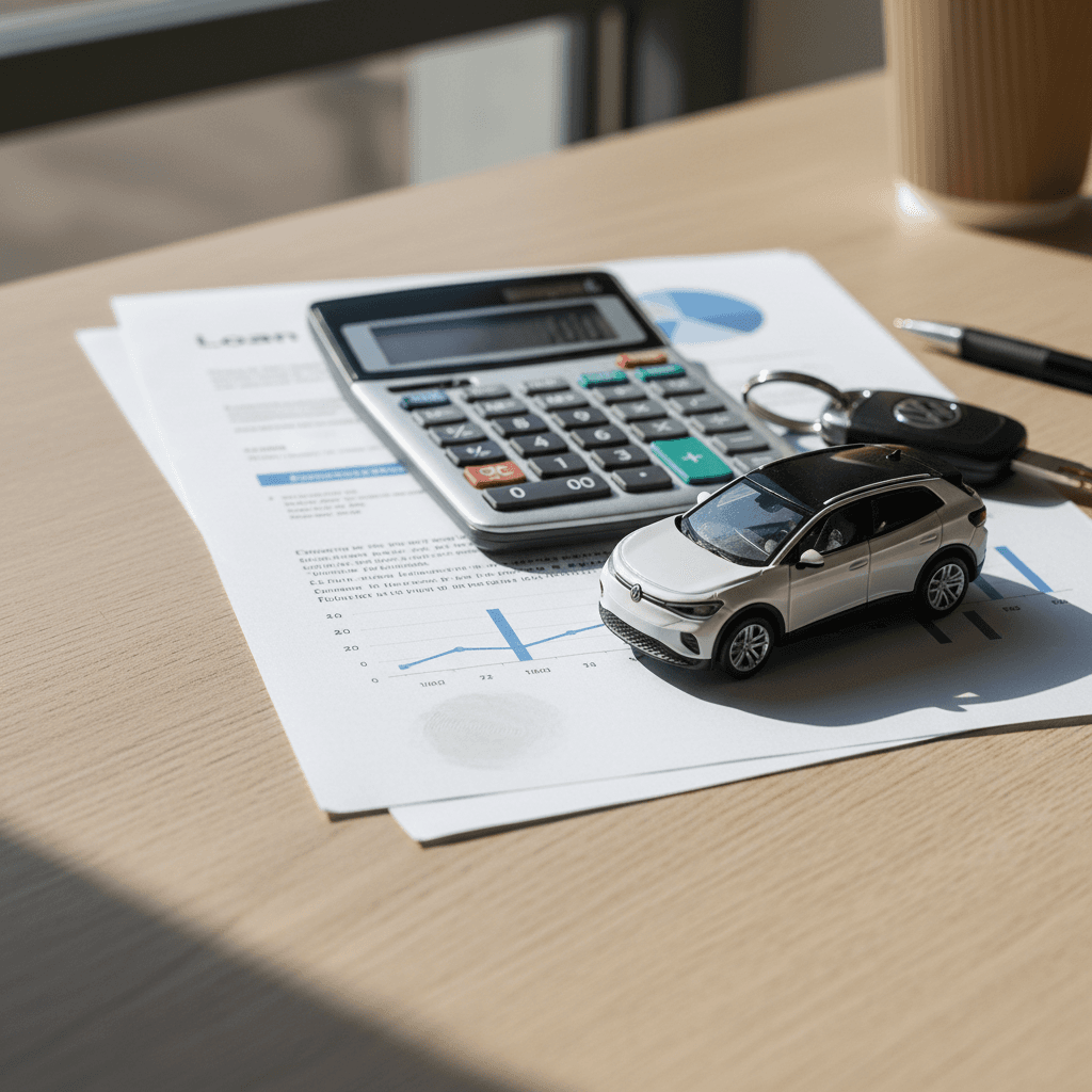 Loan paperwork and calculator on a desk next to a miniature electric SUV, illustrating used Volkswagen ID.4 financing decisions