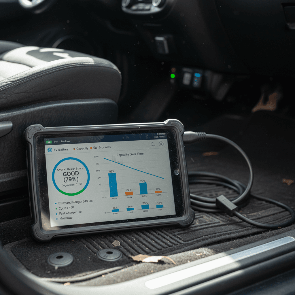 Technician using a tablet to run an EV battery health diagnostic in a service bay