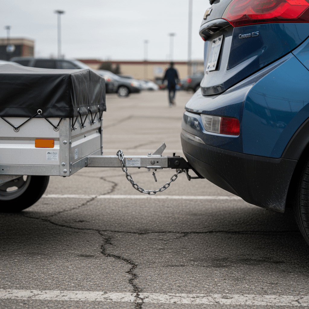 Chevrolet Bolt EV with a small trailer hitched in a parking lot, showing the aftermarket hitch and wiring