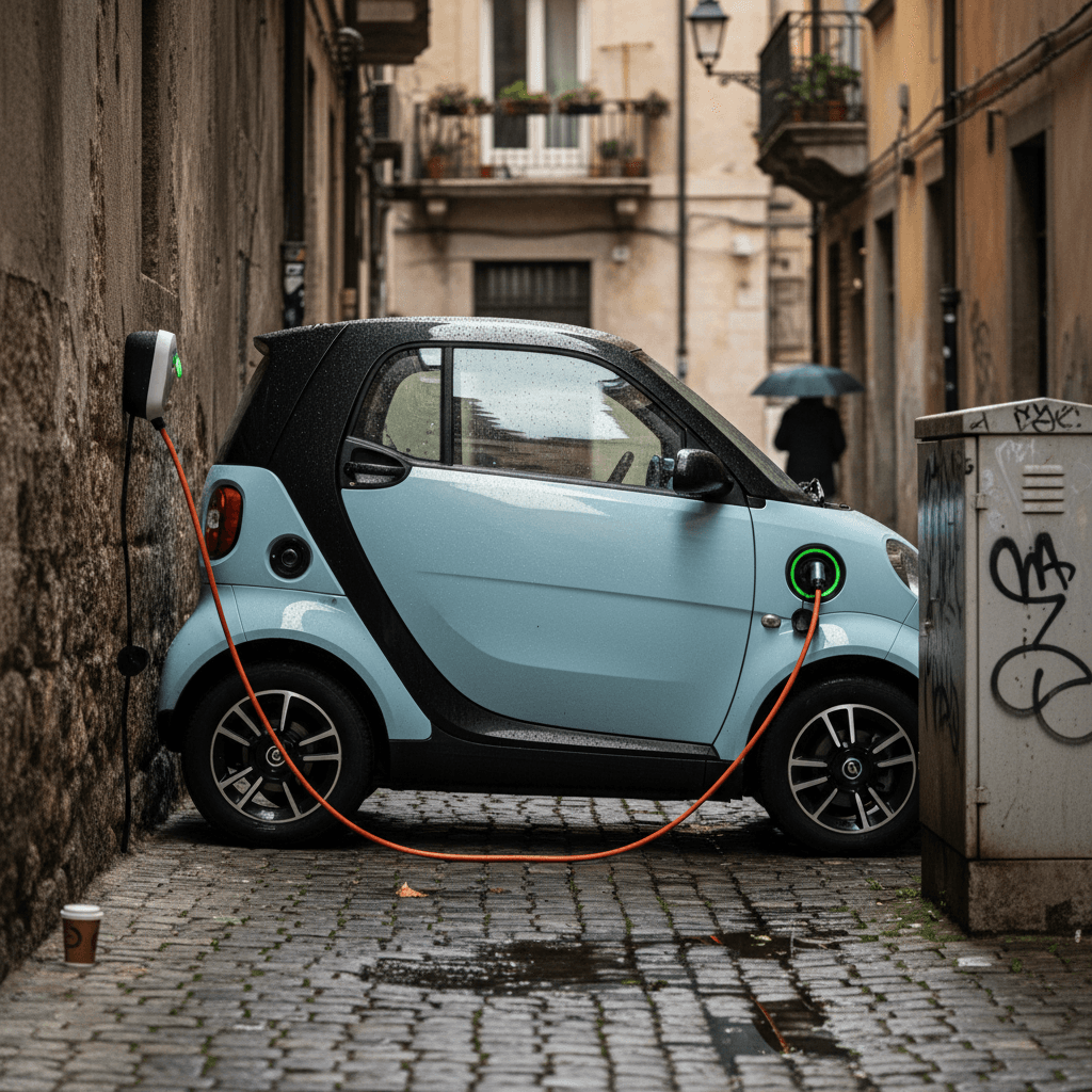Small electric car parked in a tight city street parking space