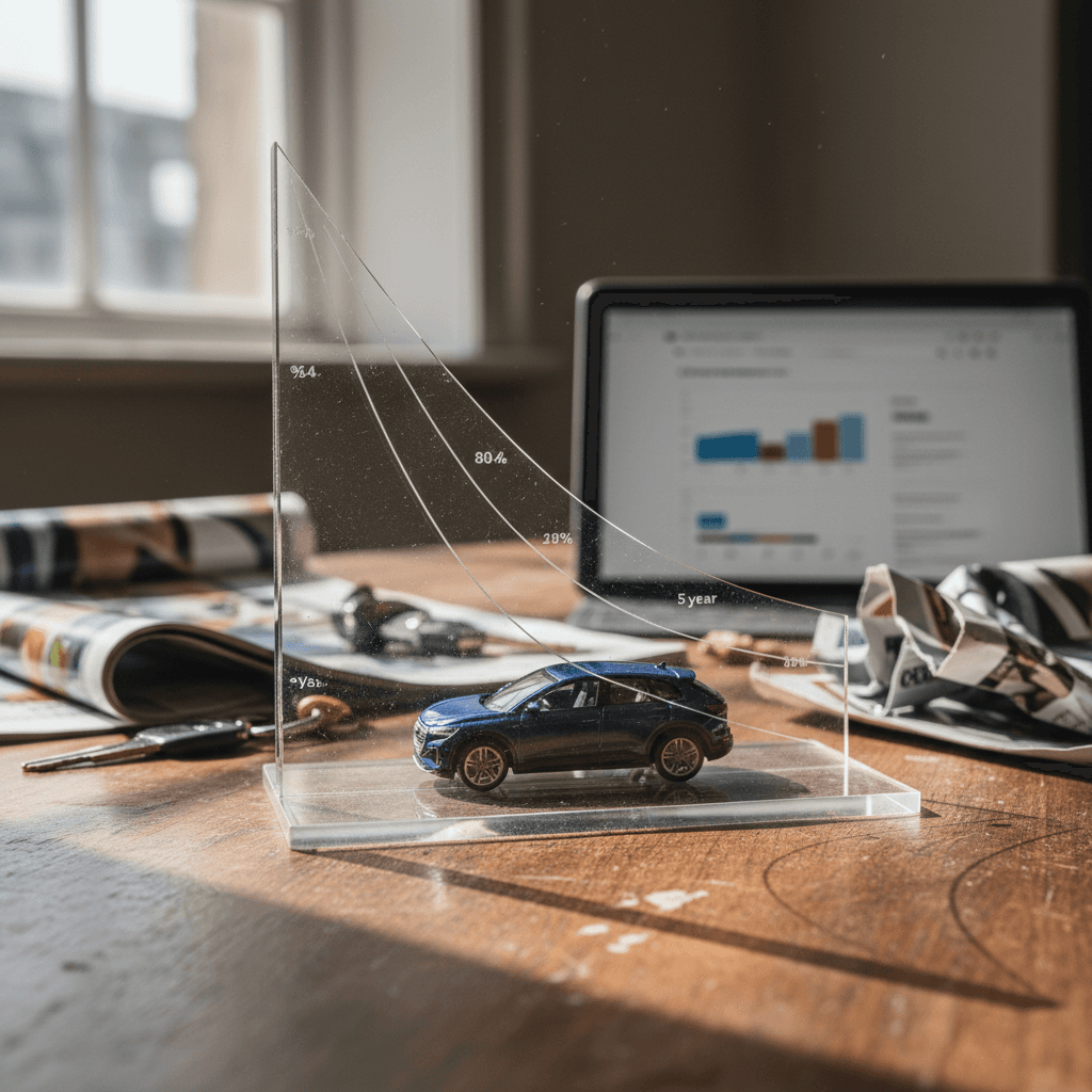 Graph-style illustration of an Audi Q4 e-tron depreciation curve bending down over a 5-year period