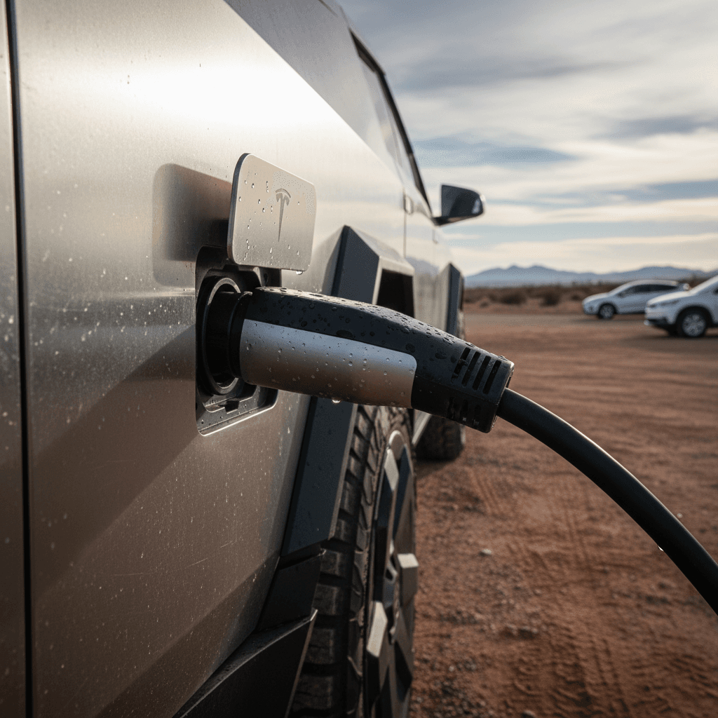 Tesla Cybertruck with stainless steel body parked outdoors