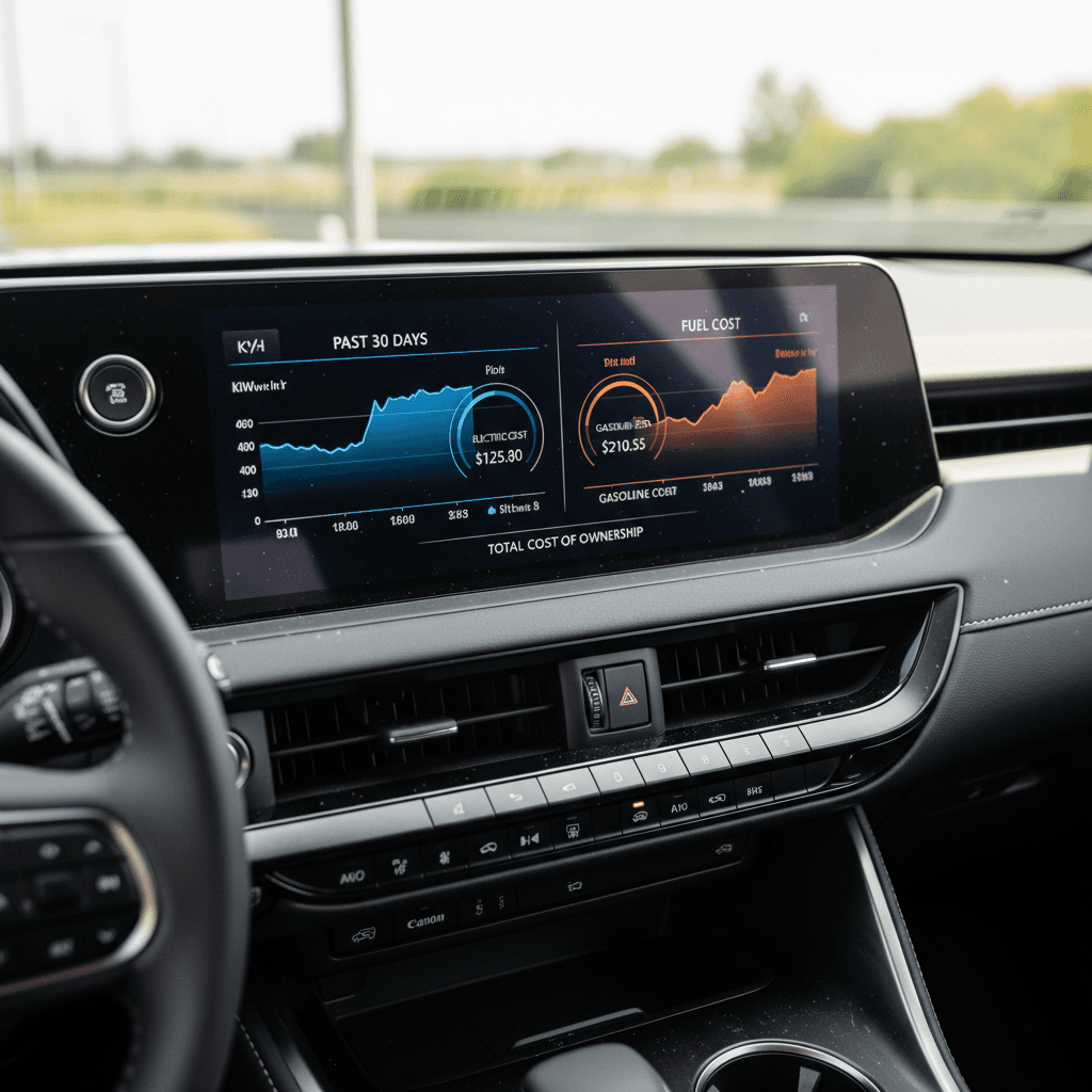 Luxury SUV driver viewing an in-car screen that compares fuel and electricity efficiency and trip costs