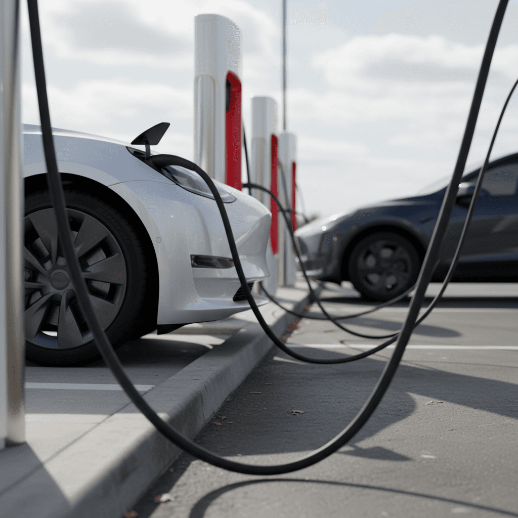 Mechanic inspecting the underside of a Tesla electric car on a lift in a workshop
