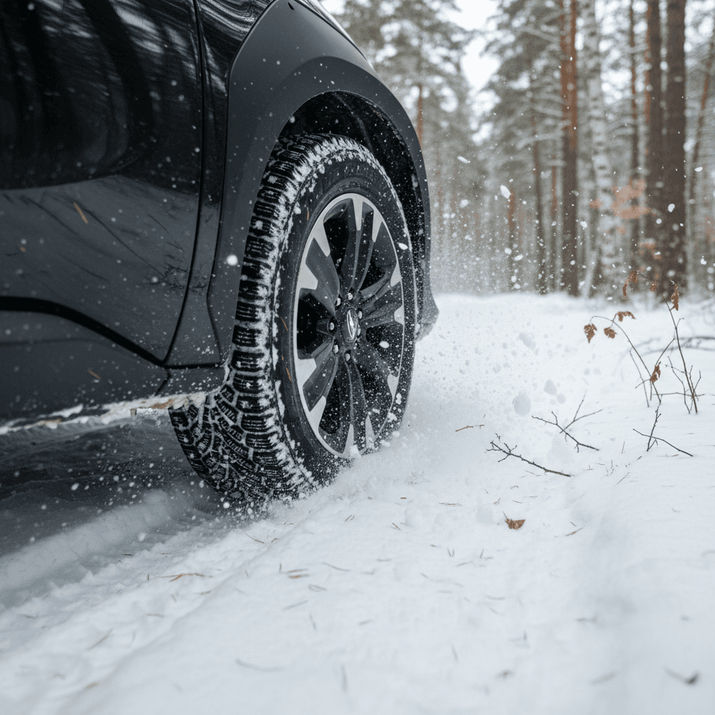 Subaru Solterra front wheel on a winter tire cutting through compressed snow on a forest road