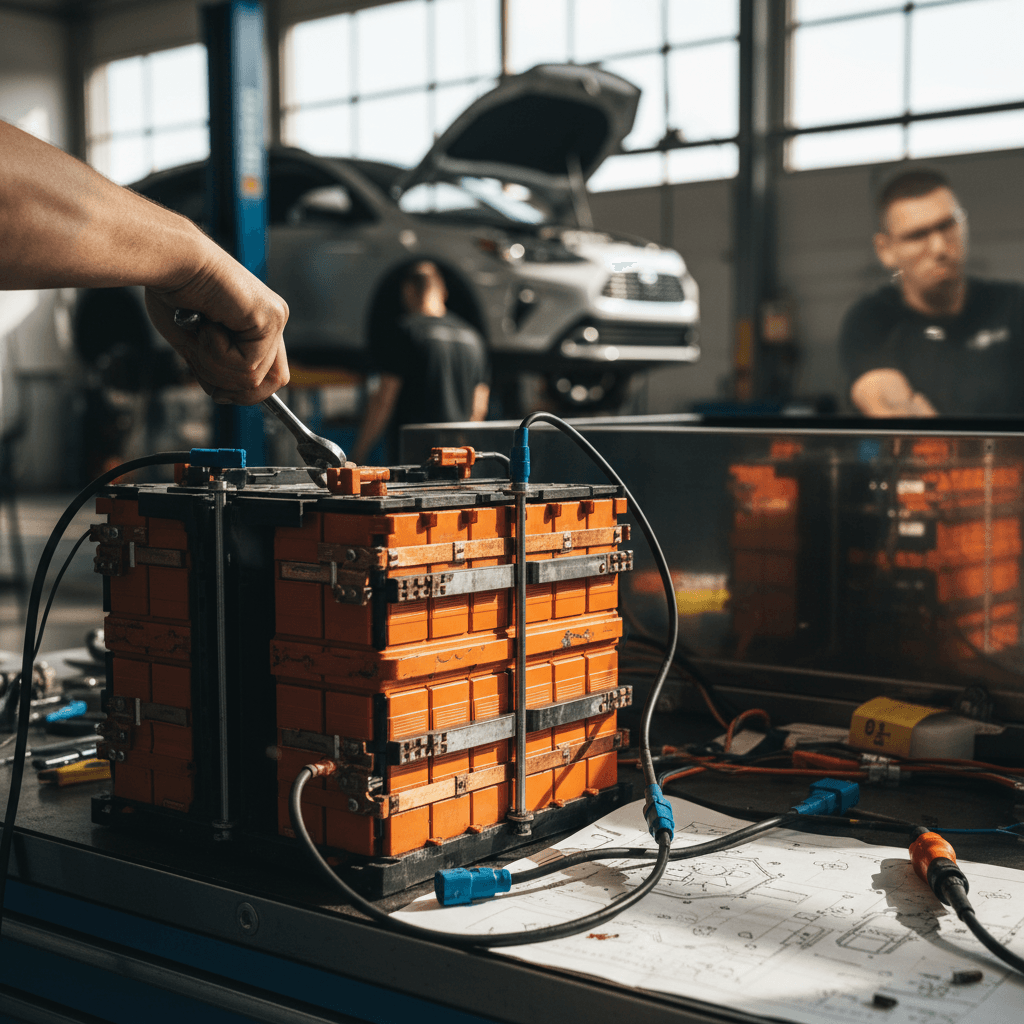 Technician using a tablet to diagnose a hybrid vehicle inside an auto repair shop