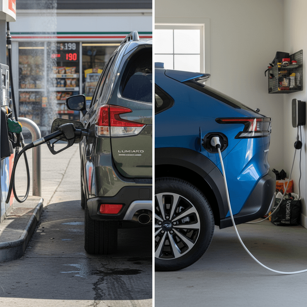 Subaru Forester at a gas pump on one side and Subaru Solterra charging at home on the other, illustrating fuel versus electricity costs