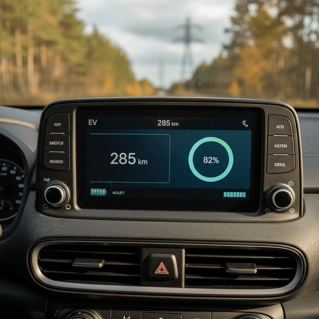 Hyundai Kona Electric center screen showing battery state of charge and estimated driving range