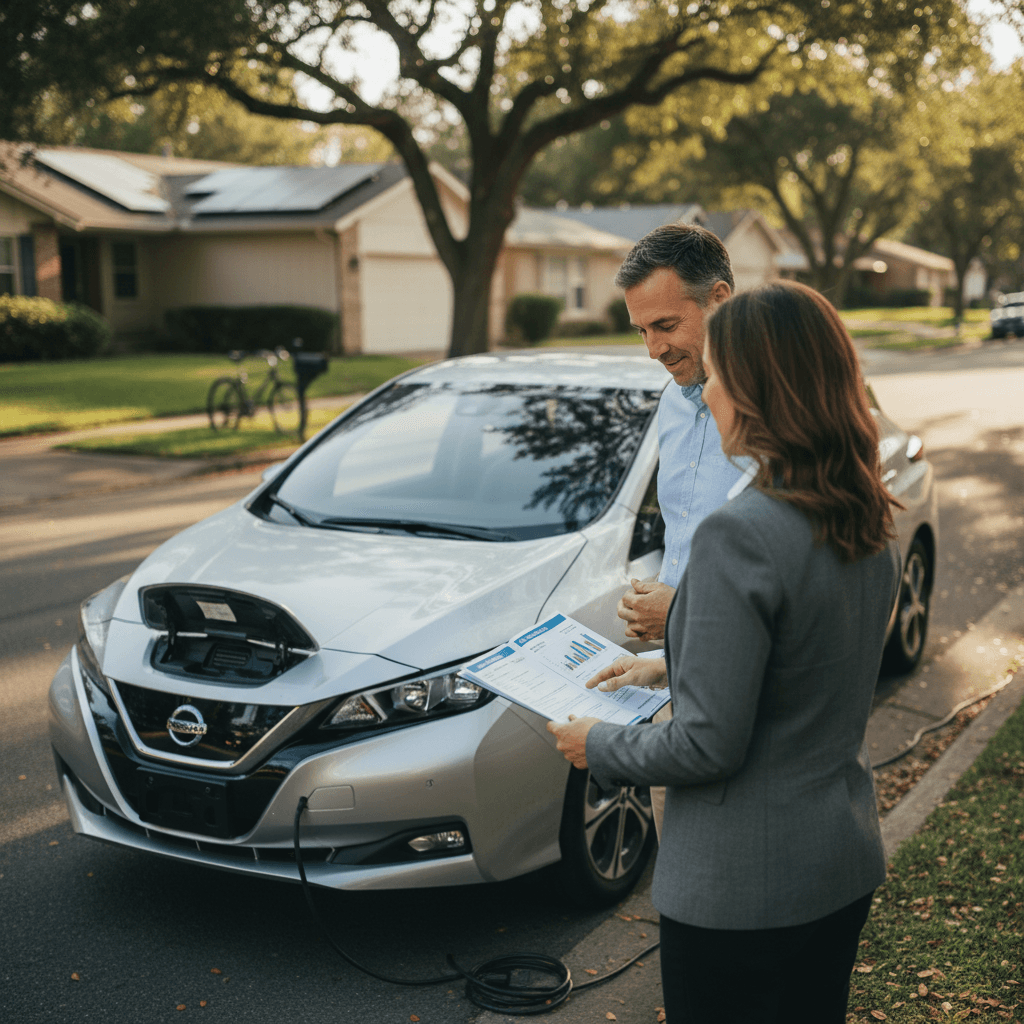 Nissan Leaf owner reviewing insurance and ownership costs with an agent next to the vehicle
