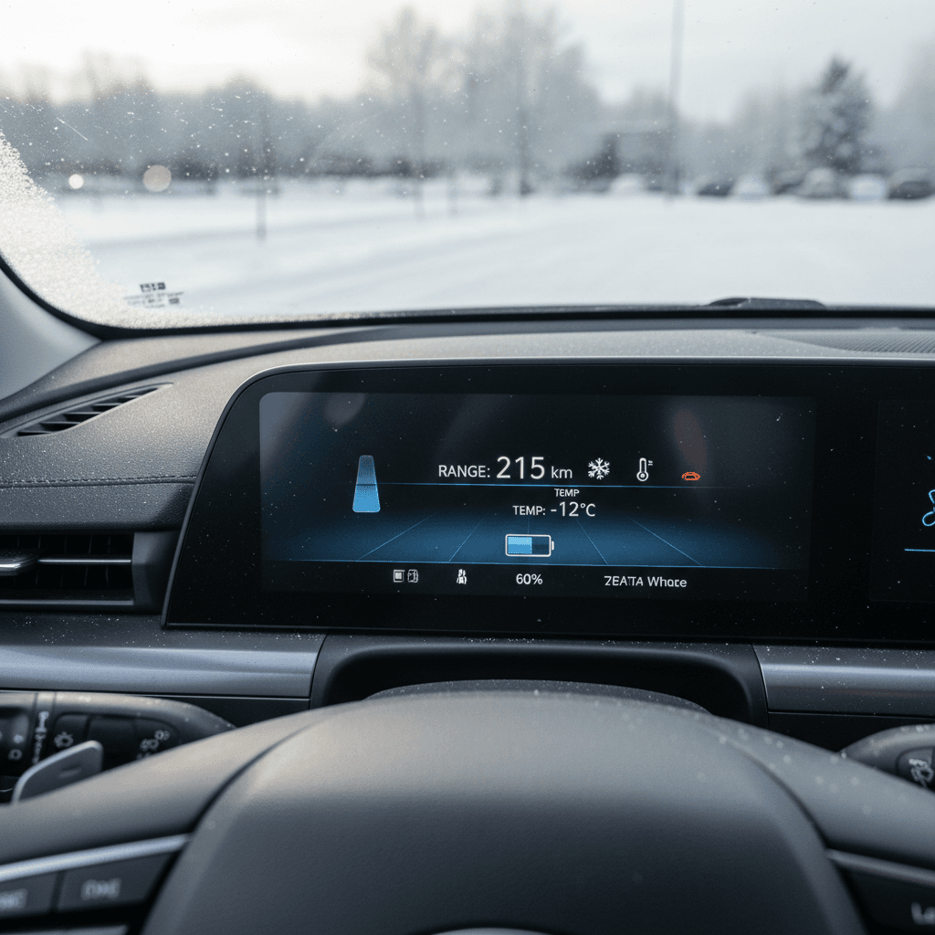 Hyundai Ioniq 6 digital display showing remaining range dropping slightly on a cold winter day