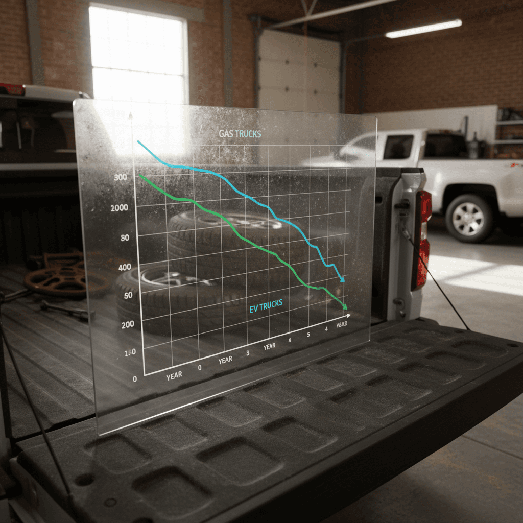 Illustrated depreciation curves showing a Chevrolet Silverado EV dropping in value over five years compared to a gas pickup
