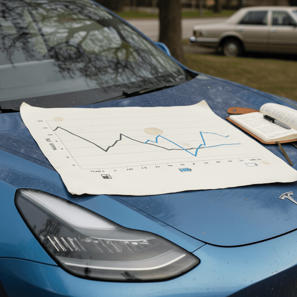 Line chart comparing Tesla Model 3 depreciation curve to a typical gas sedan over 10 years