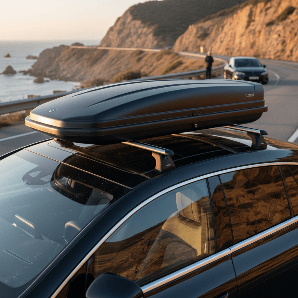 Mercedes EQS with low-profile roof cargo box mounted on sleek crossbars to minimize drag