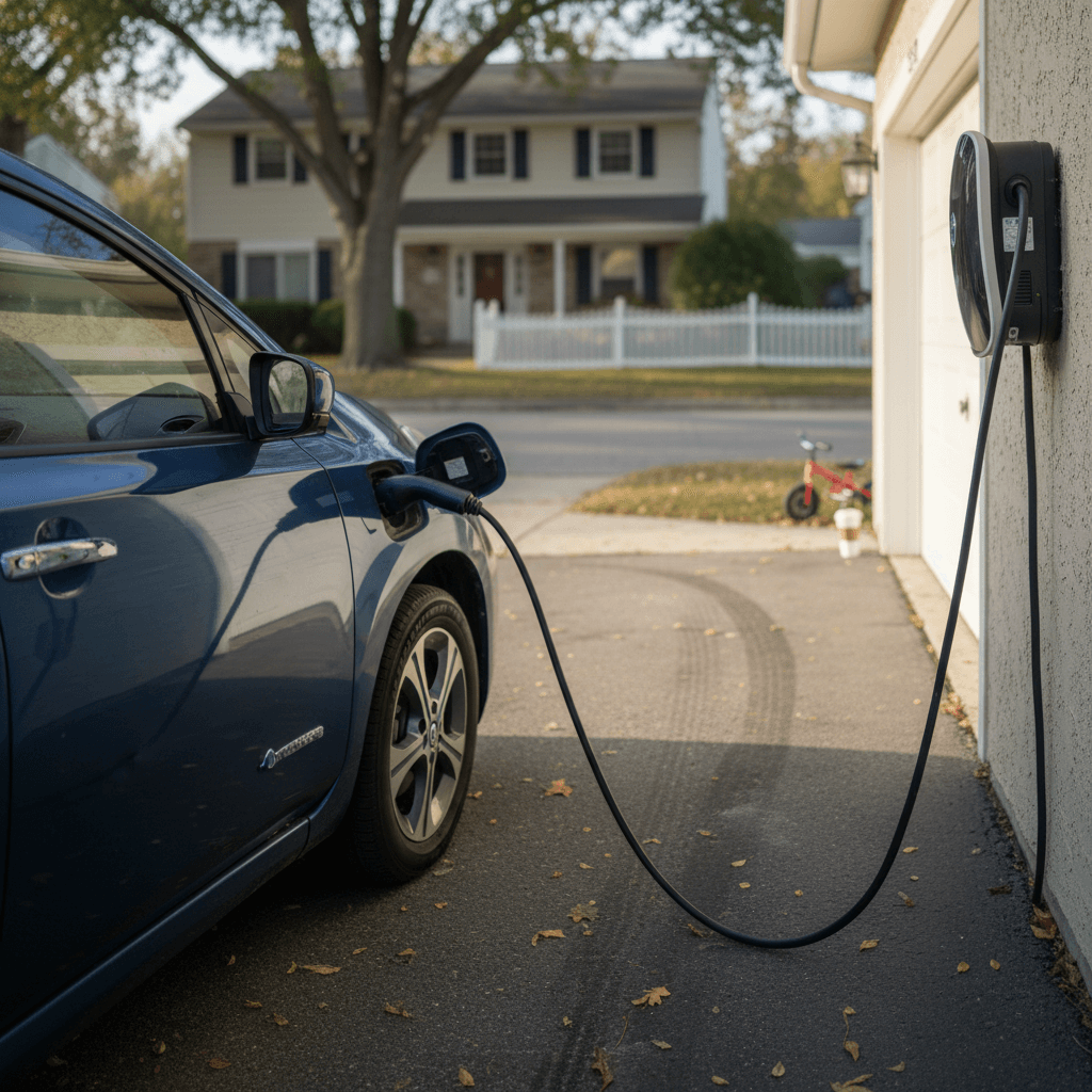 Compact electric car plugged into a Level 2 home charger in a suburban driveway