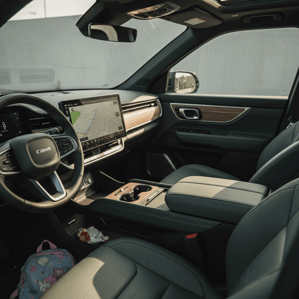 Three-row interior of a 2025 Rivian R1S showing spacious seating and large center touchscreen