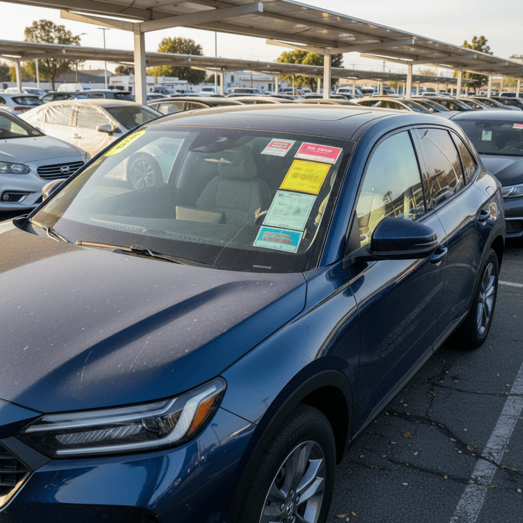 Used Honda Prologue SUVs lined up at a dealership lot, highlighting EV resale options