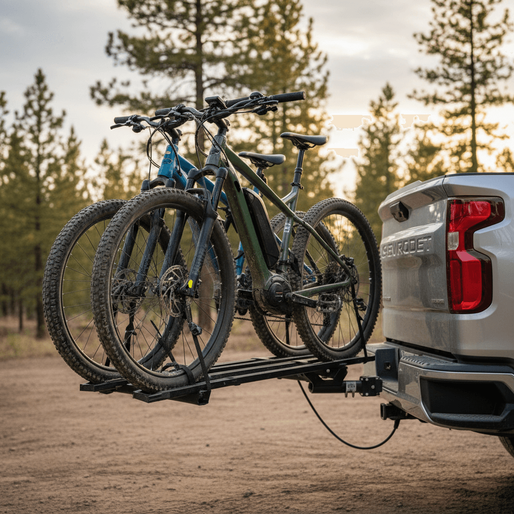 Hitch-mounted platform bike rack with two e‑bikes on an electric pickup truck