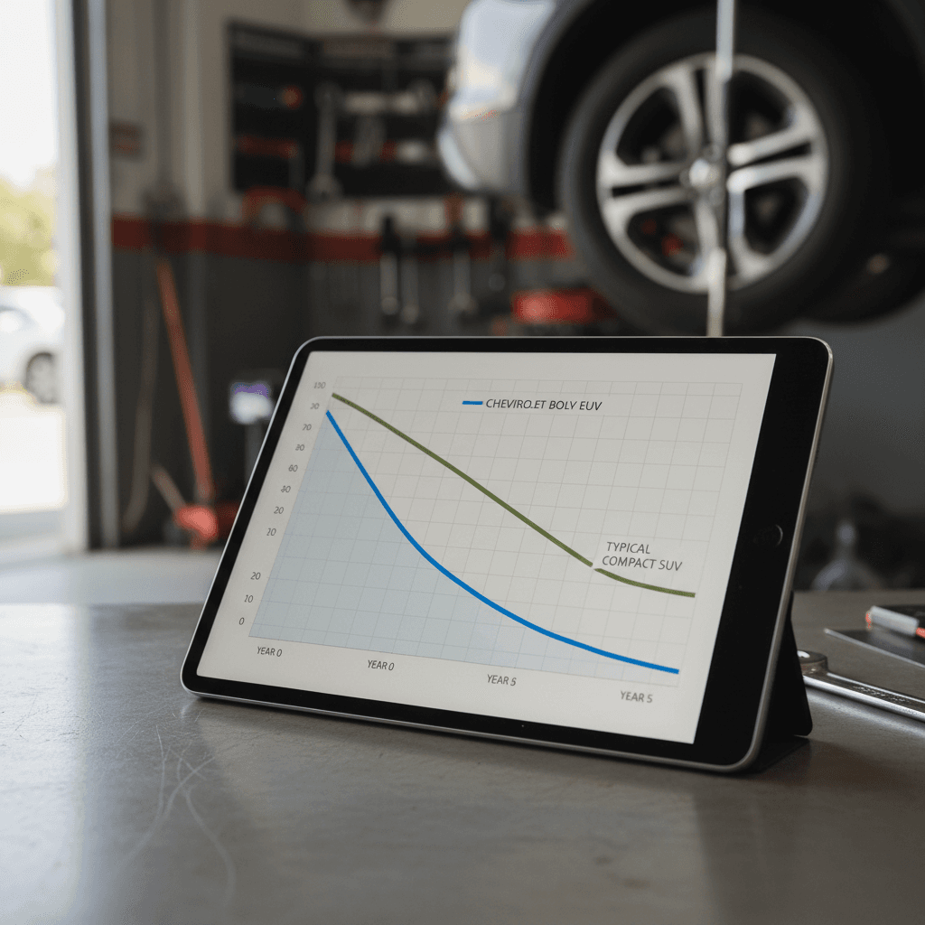 Simple line chart showing Chevrolet Bolt EUV value falling fastest in the first 3 years, then flattening between years 4 and 5 compared with a typical compact SUV.