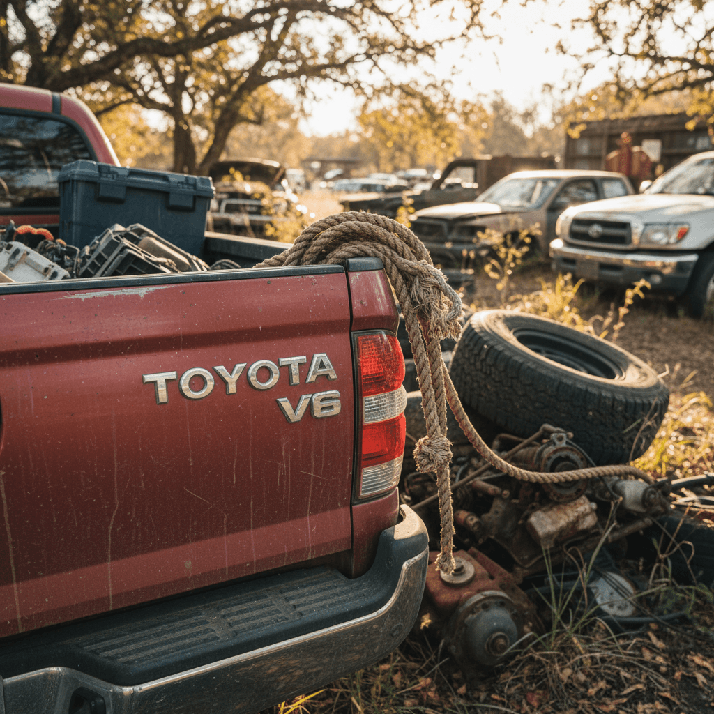 Row of used Toyota Tacoma pickup trucks parked on a dealer lot
