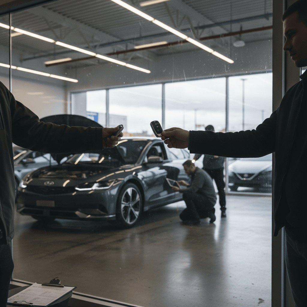 Hyundai IONIQ 6 being appraised by a specialist while owner waits nearby