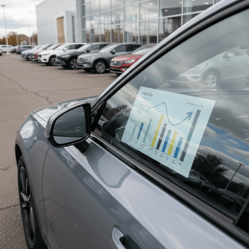 Lightly used Volvo EX90 on a dealer lot with pricing displayed in the window