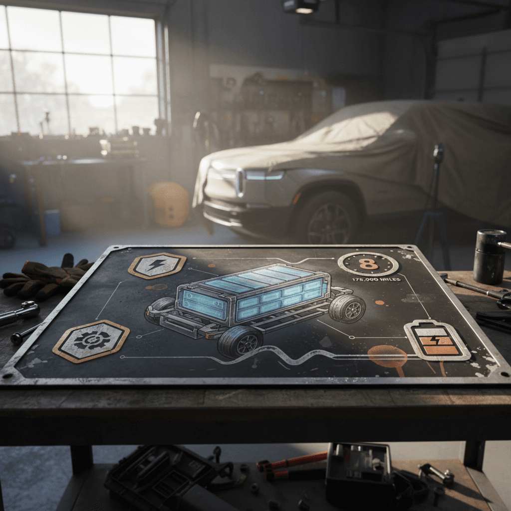 Diagram highlighting the Rivian R1S battery pack location and coverage area under factory warranty