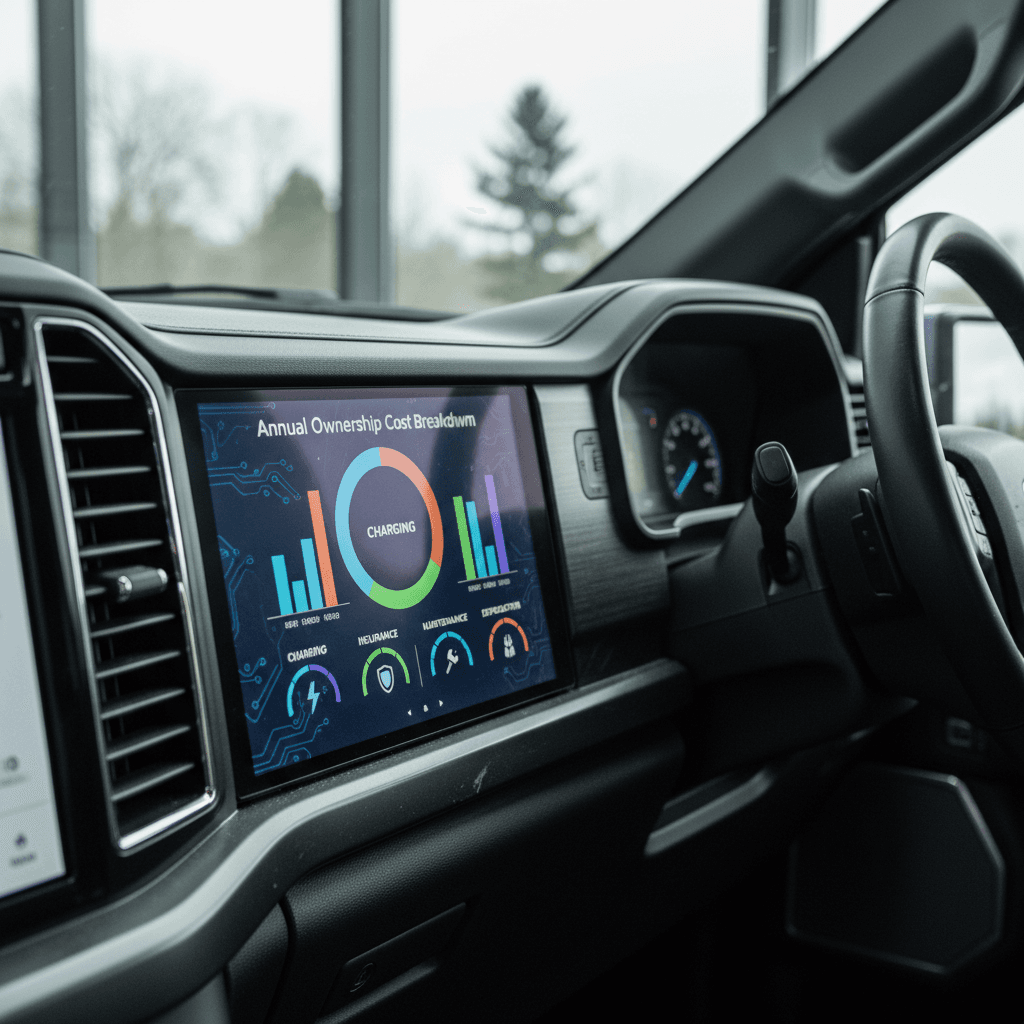 Infographic showing annual ownership cost breakdown for a Ford F-150 Lightning across charging, insurance, maintenance and depreciation.