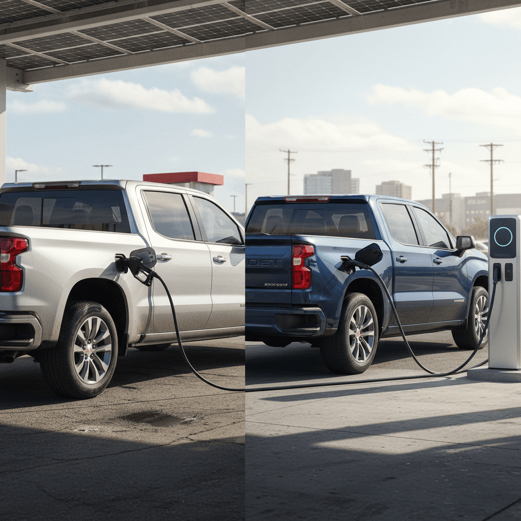Gas Chevrolet Silverado at a fuel pump beside a Silverado EV at a charging station, illustrating ownership cost differences