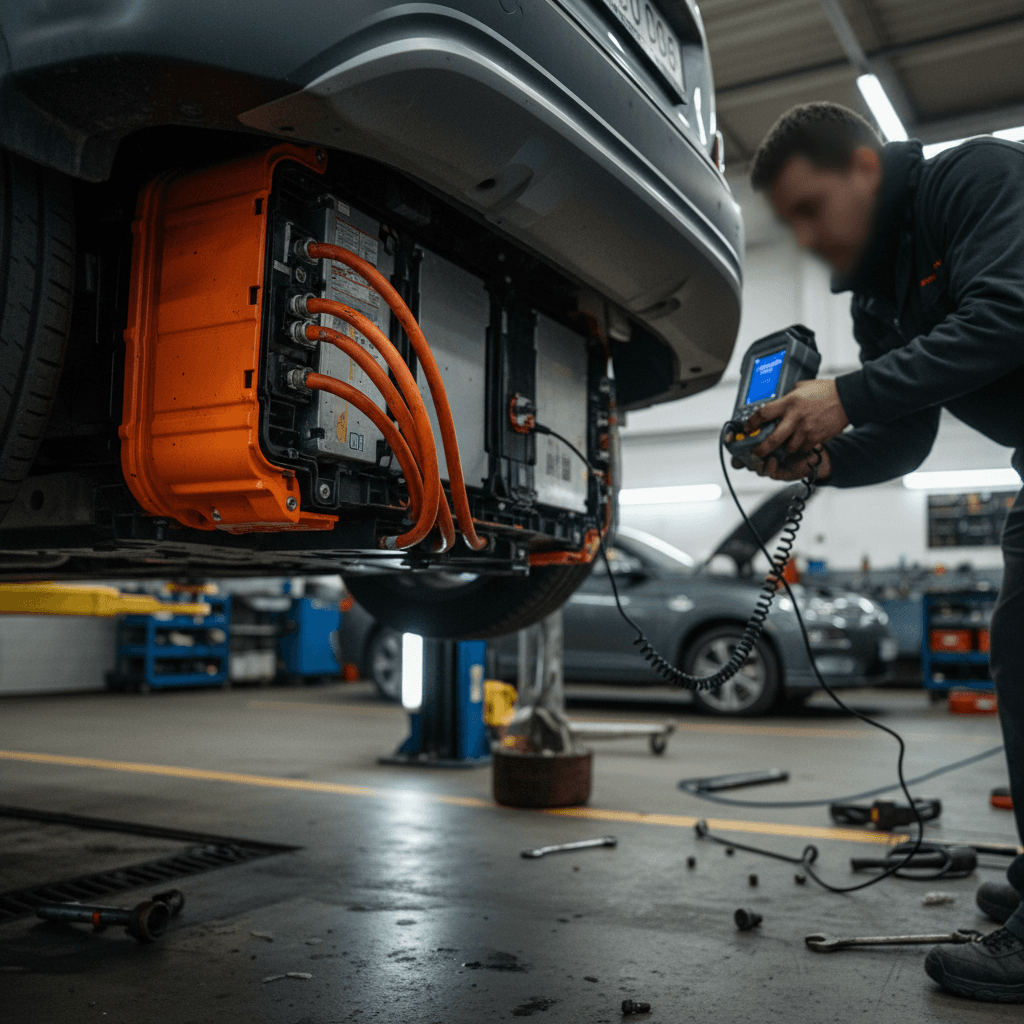 Technician testing a Hyundai Kona Electric at a DC fast charger with diagnostic equipment