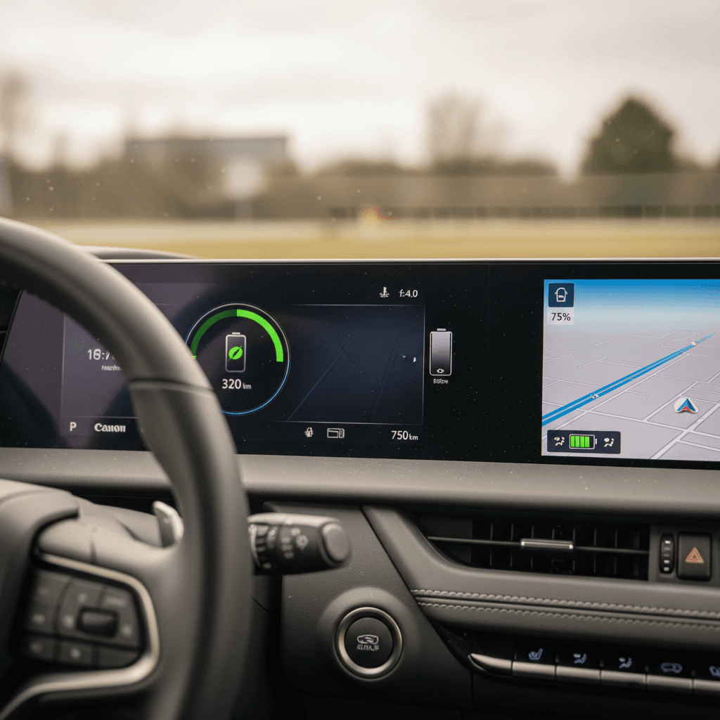 Lexus RZ 450e instrument cluster and center screen showing battery charge level and remaining range estimate