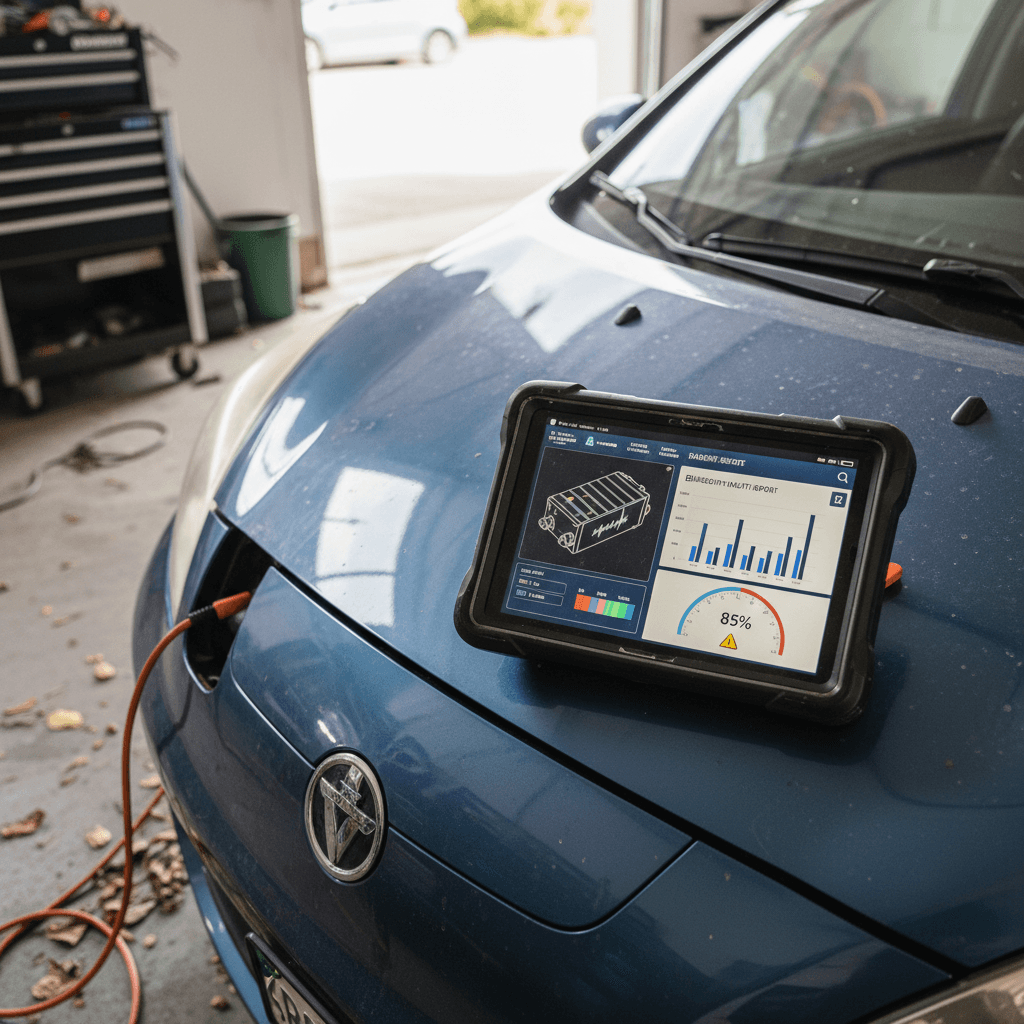 Illustrated chart of used EV prices trending down over several years with 2026 highlighted as a moderate decline