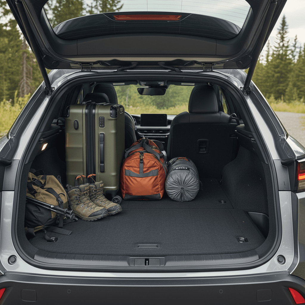 Lexus RZ 450e cargo area with rear seats folded flat, loaded with suitcases and camping gear