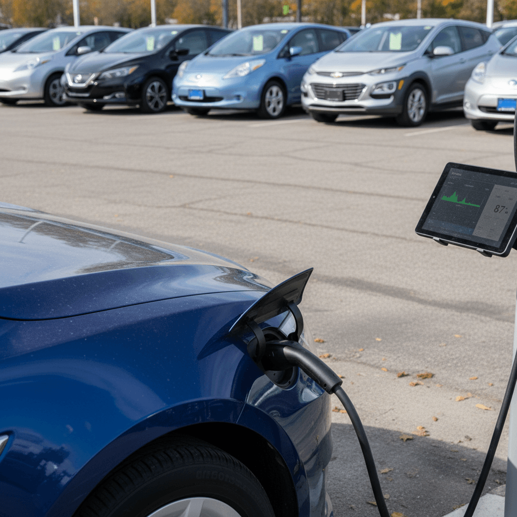 Technician reviewing EV battery health diagnostics on a tablet next to an electric car