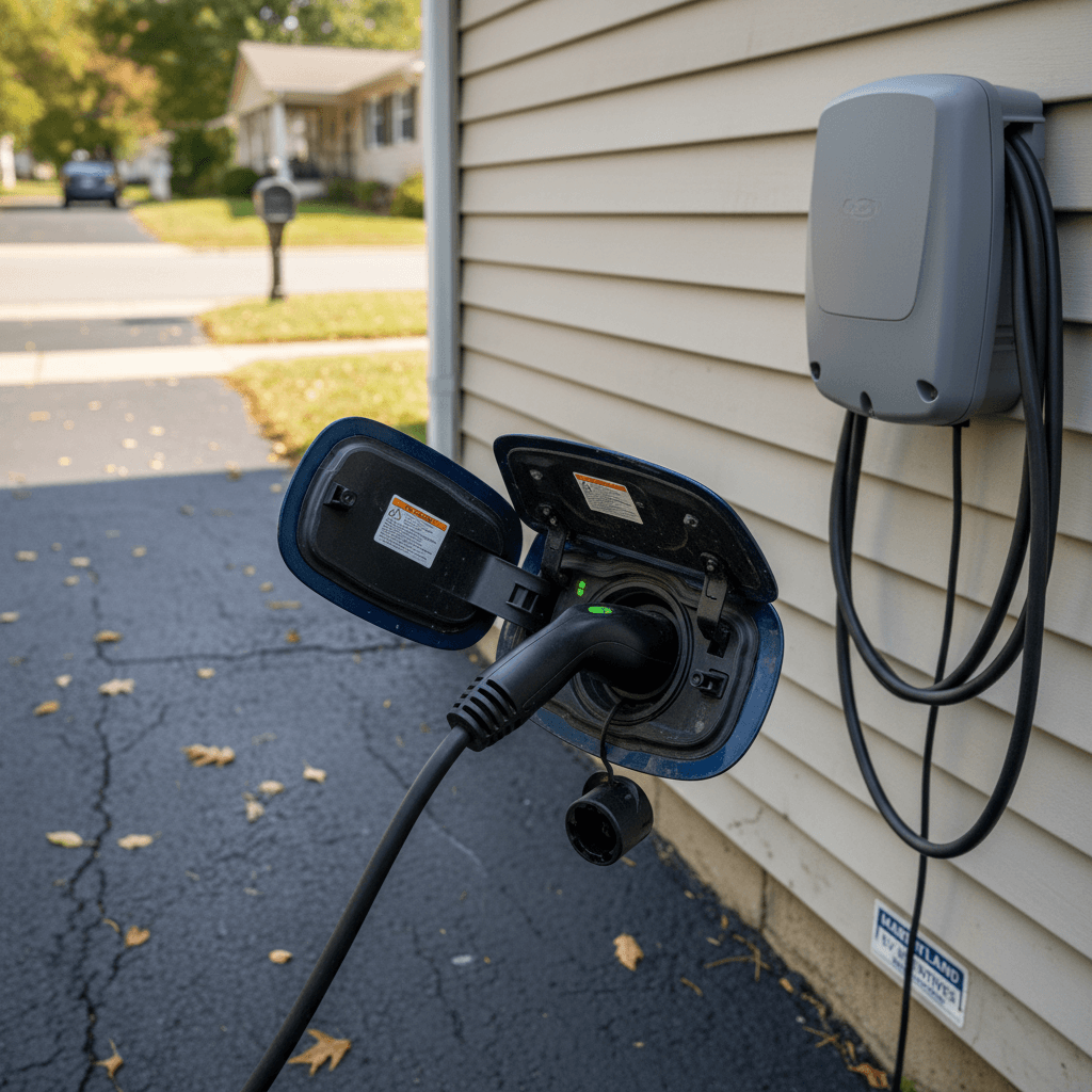 Used electric car charging on a Level 2 home charger in a Maryland driveway, cable plugged into the charge port