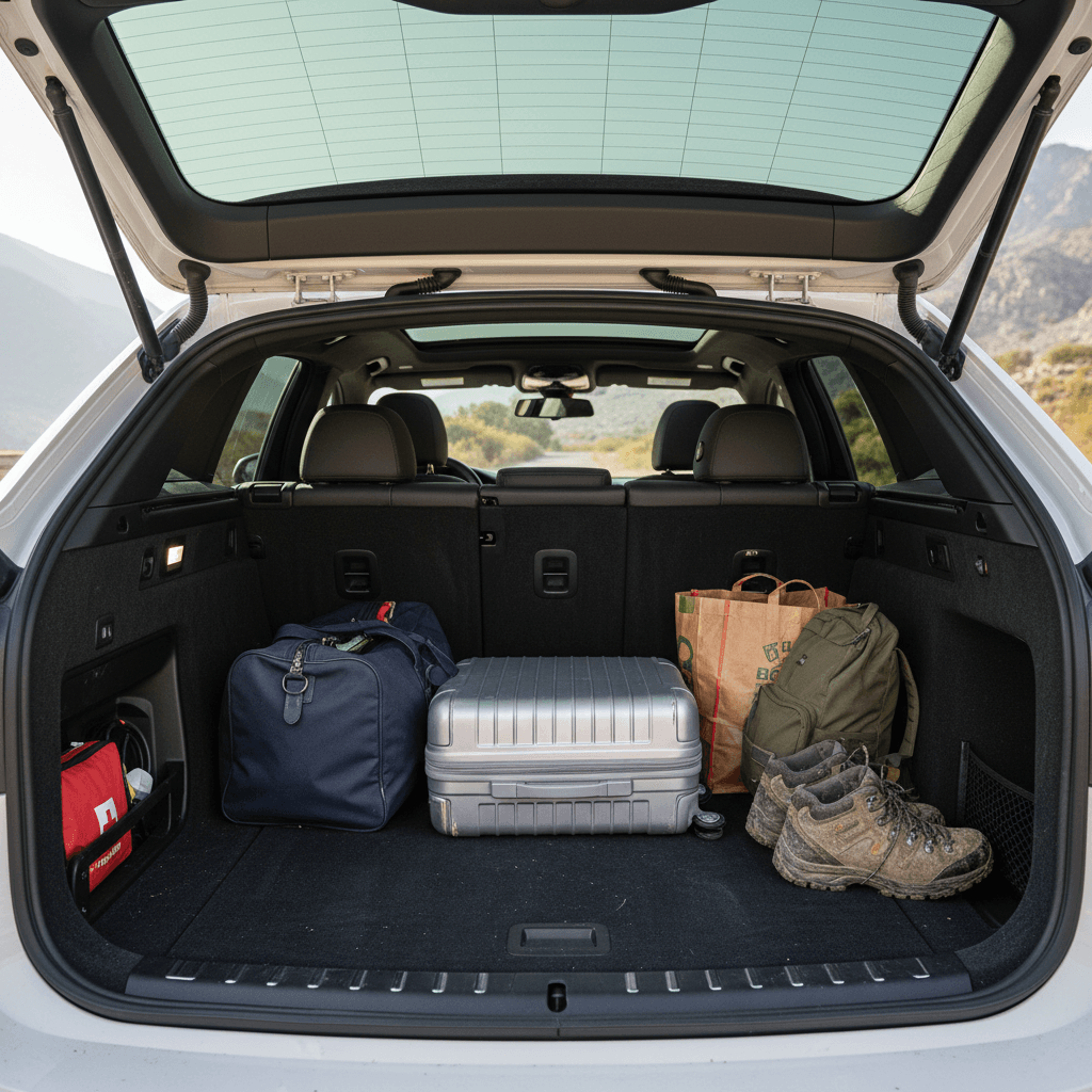 BMW i5 rear cargo area with rear seats folded down to show extended luggage space