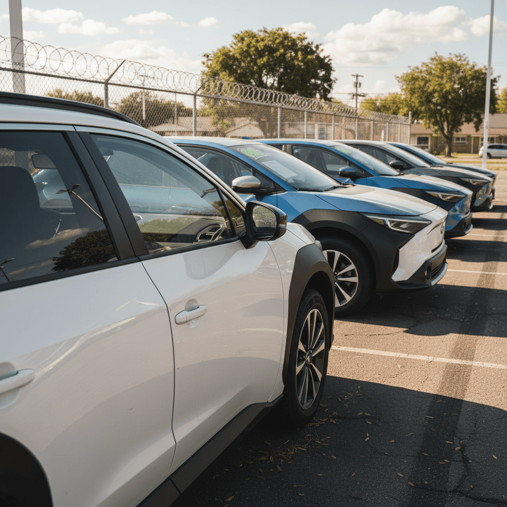 Row of used Subaru Solterra electric SUVs parked on a dealer lot, illustrating current resale values