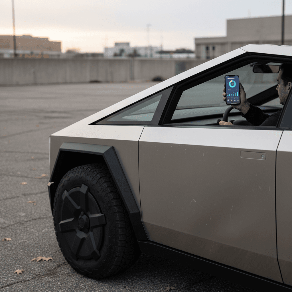 Tesla Cybertruck parked in a driveway as the owner reviews an insurance quote on a smartphone