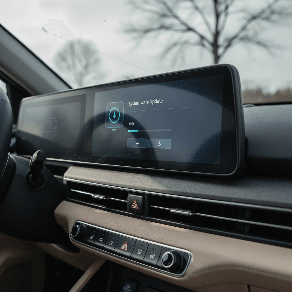 Hyundai IONIQ 5 infotainment screen showing a pending software update notification while the car is parked
