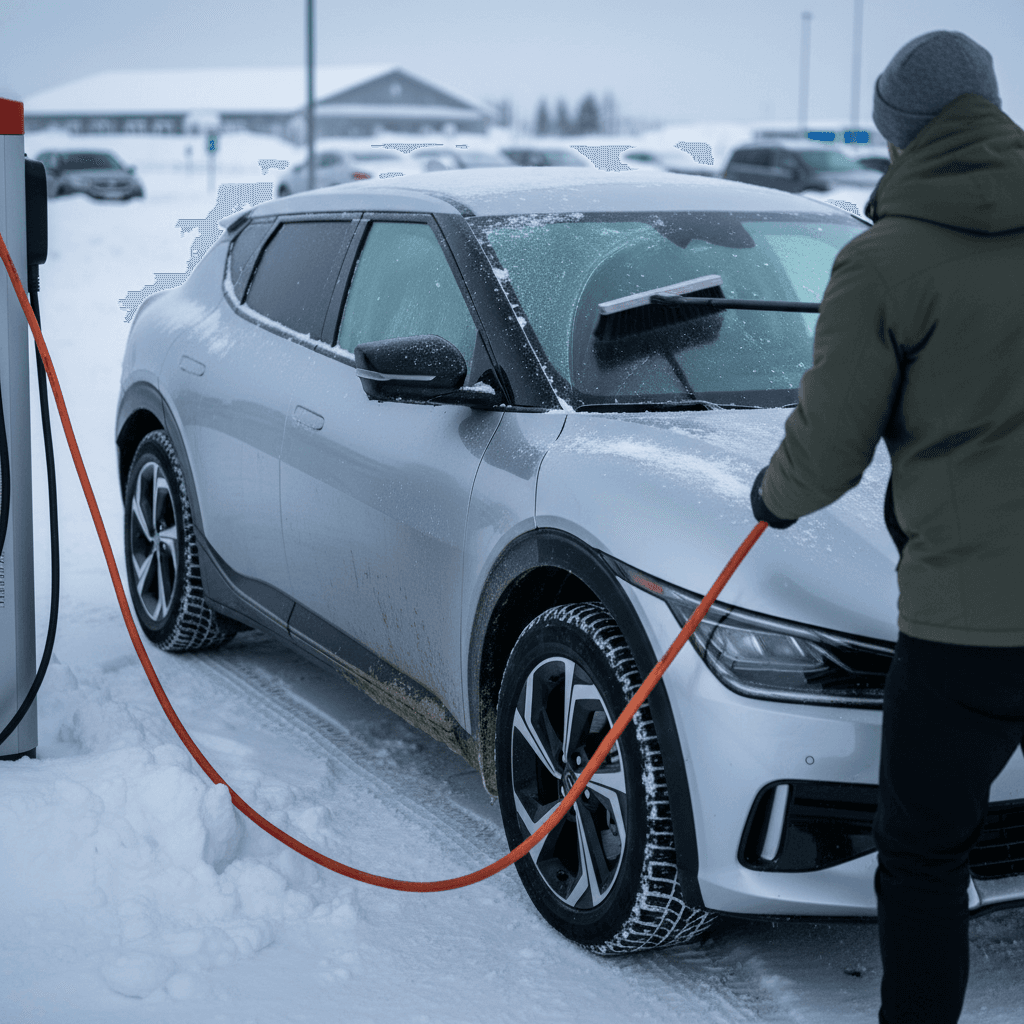Kia EV6 charging at a public DC fast charger in a snowy parking lot during winter