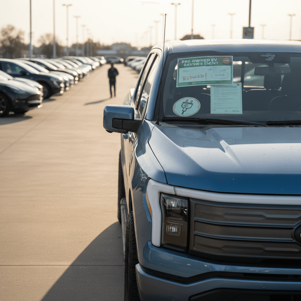 Used Chevy Bolt EUVs lined up at a dealership with charging ports visible