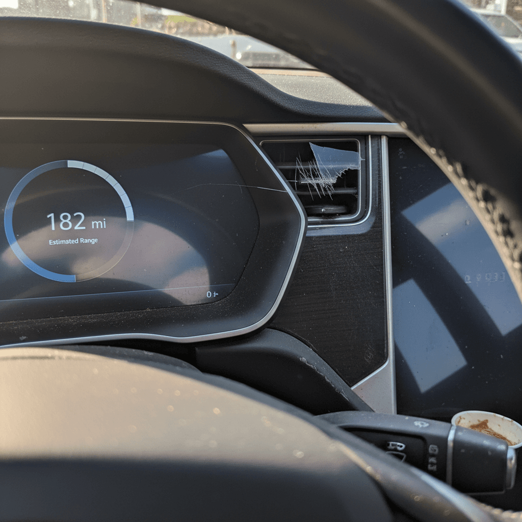 Tesla dashboard showing estimated battery range and state of charge
