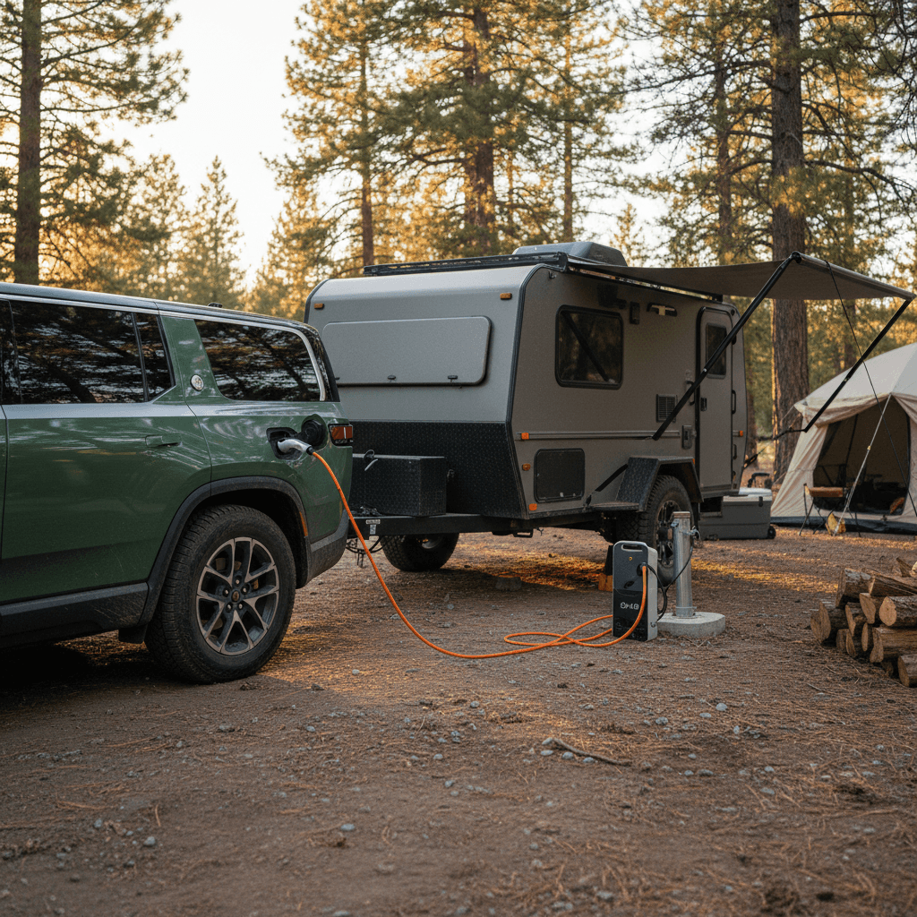 Rivian R1S towing a mid-size camping trailer at a campsite, with charging cable connected to the SUV
