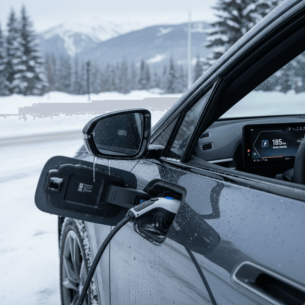 BMW iX digital cockpit showing remaining range while parked in snowy winter conditions