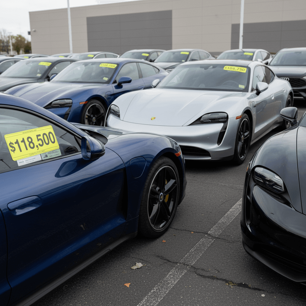 Row of used Porsche Taycans on a lot with price stickers visible on windshields