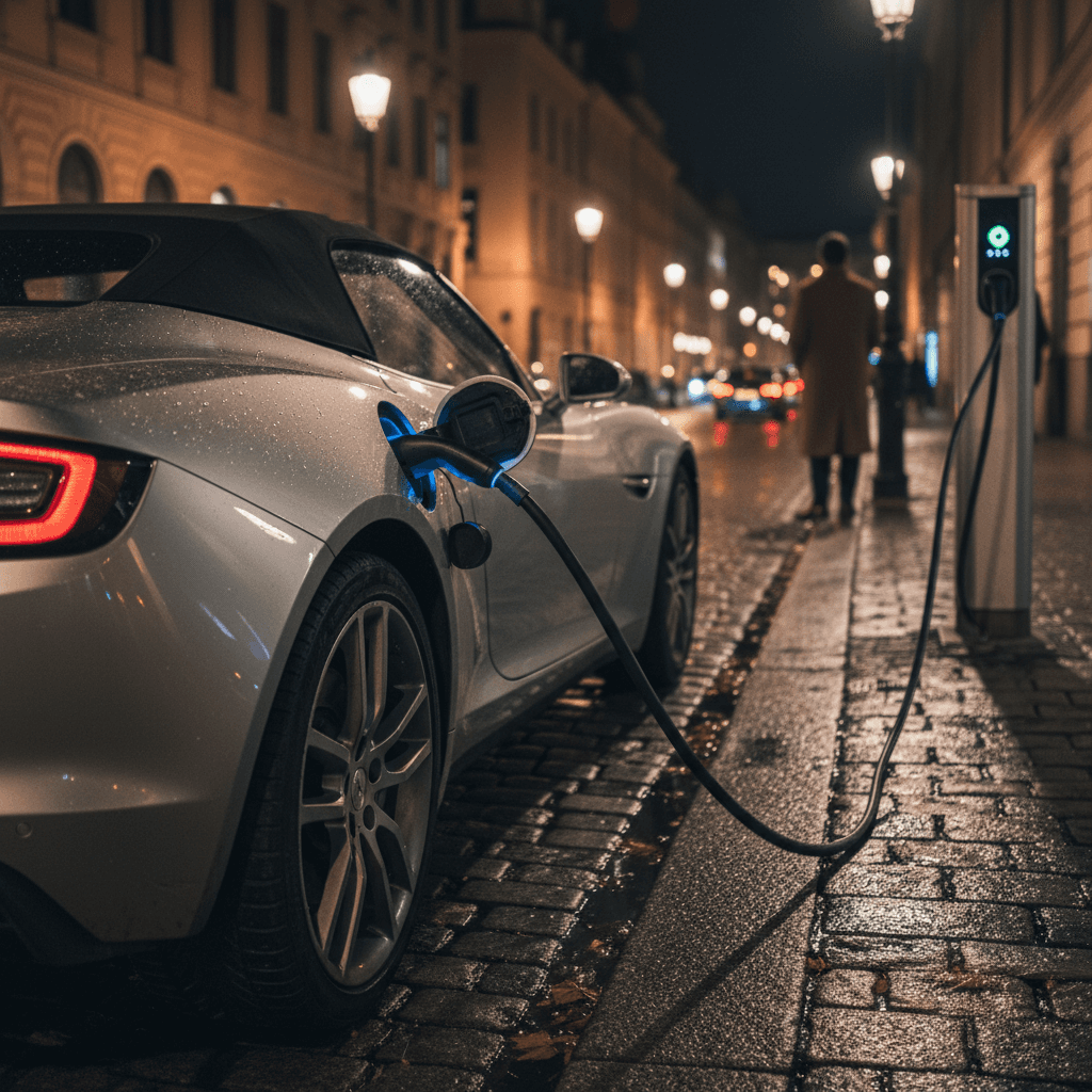 A low electric roadster with its soft top folded, parked on a city street at night under bright lights