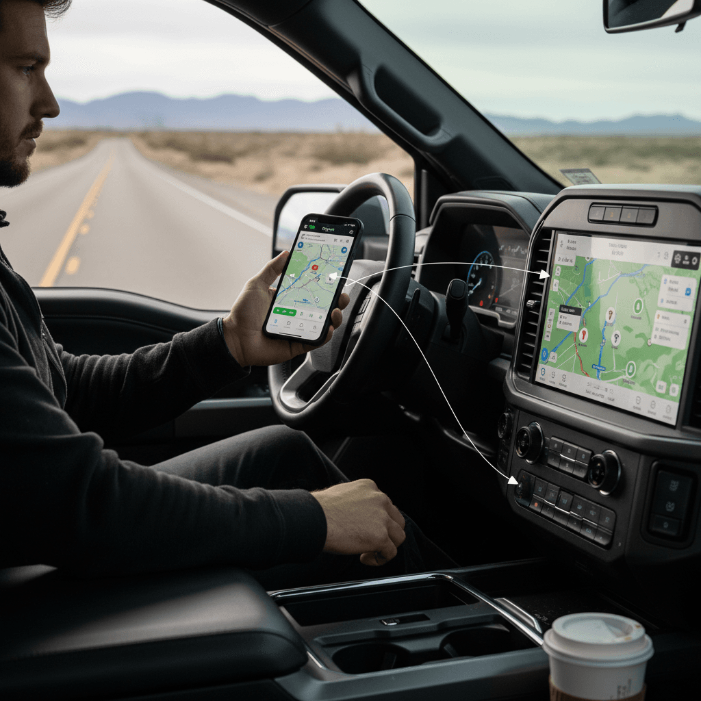 Driver in a Ford F-150 Lightning using in-dash navigation and a phone app to plan charging stops on a highway road trip
