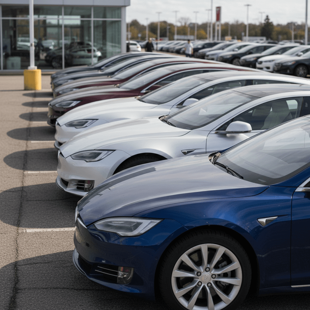 Row of used Tesla Model S sedans parked on a lot, illustrating varying years and trims that influence 5-year resale value