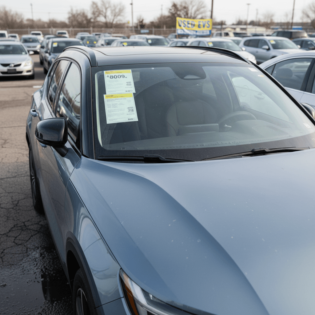Volvo EX30 parked at a used EV dealership with visible price tags on the windshield